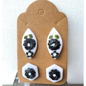 Artisan White & Black Floral Oval & Hexagon Clay Stud Earrings Set NEW Handmade